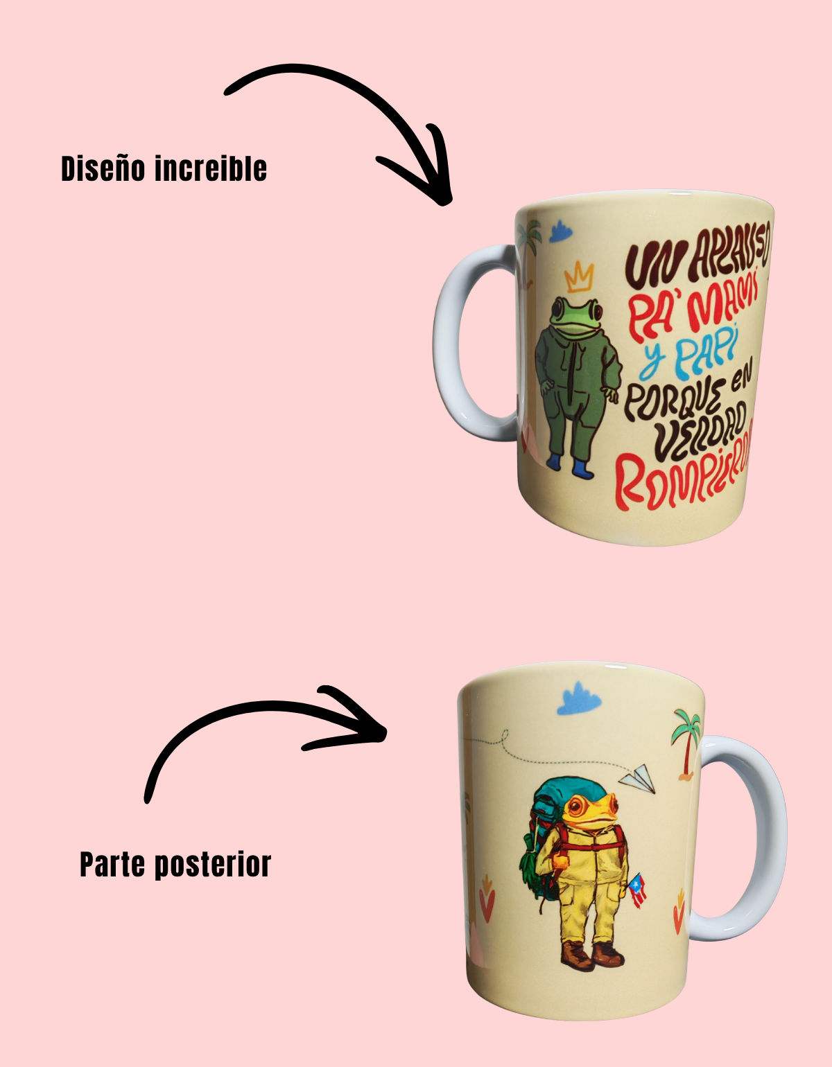 Taza Cerámica "Un Aplauso Pa' Mami y Papi" | Rana Coronada | Diseño Urbano Latino